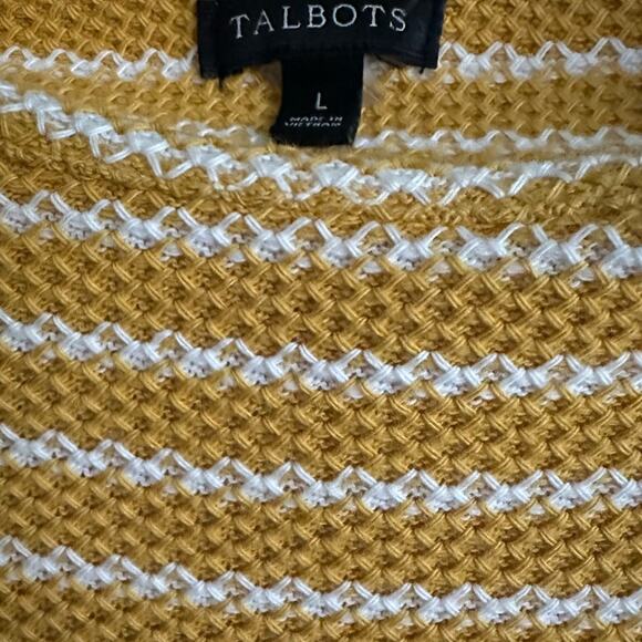 TALBOTS MUSTARD 3/4 SLEEVE TEXTURED STRIPE FUNNEL NECK TOP 100% Cotton Large - Picture 4 of 5